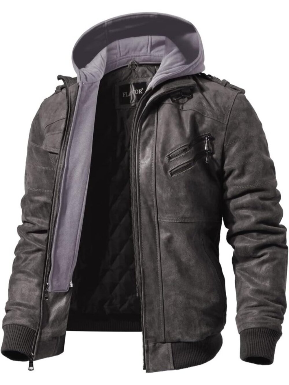 Men’s Grey Genuine Suede Leather Jacket with Removable Hood Casual Biker Coat